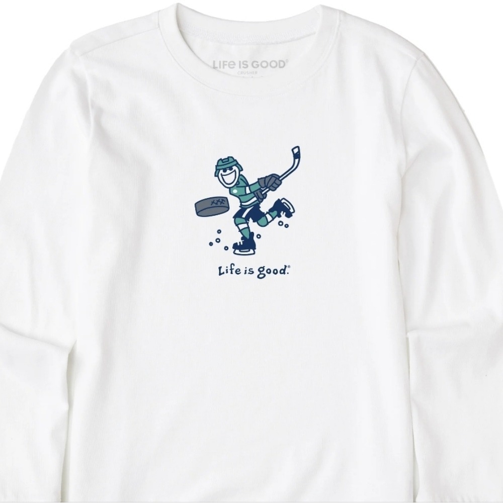 Life Is Good Kids XL Jake Slap Shot White Long Sleeve Crusher Hockey Tee